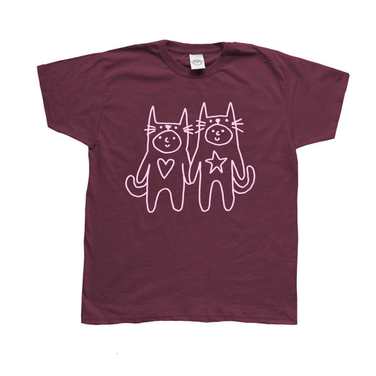 Two critters in love pink on burgundy Tee