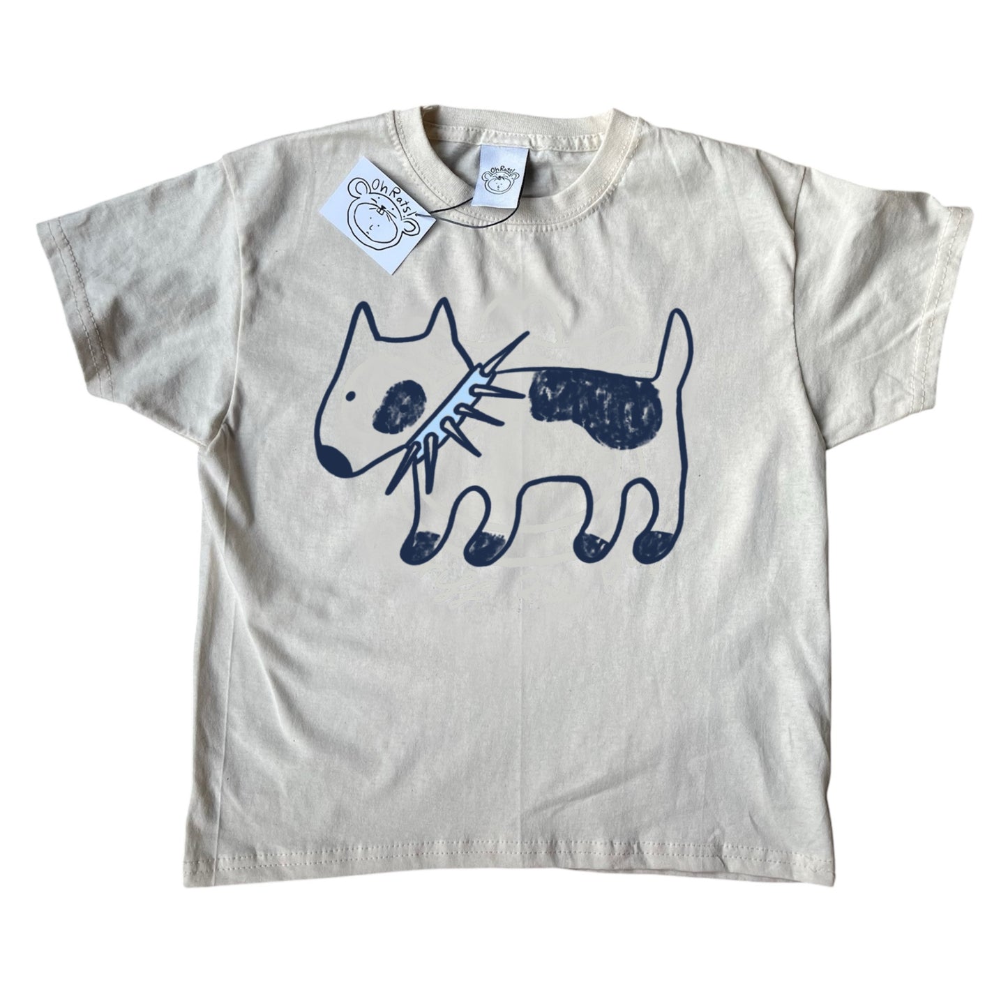 Spiky collar navy dog on beige tee