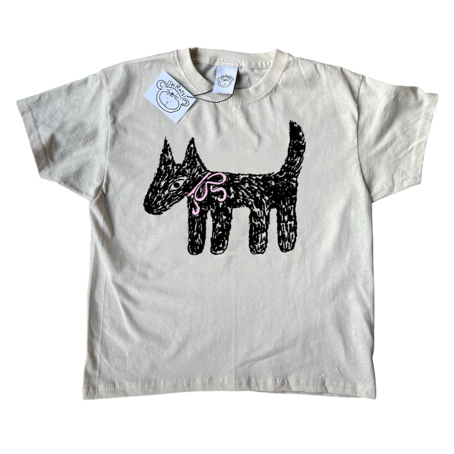 Scruffy bow dog beige tee