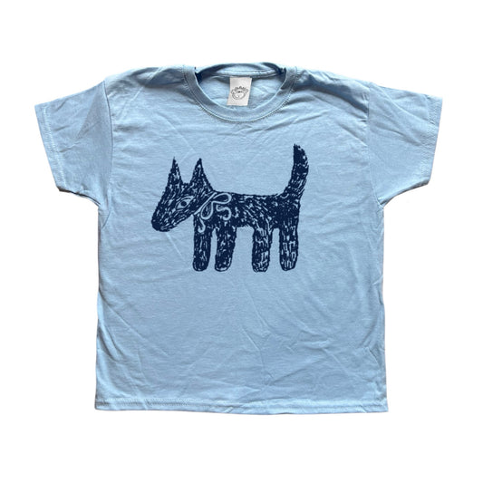 Scruffy bow dog navy on baby blue tee