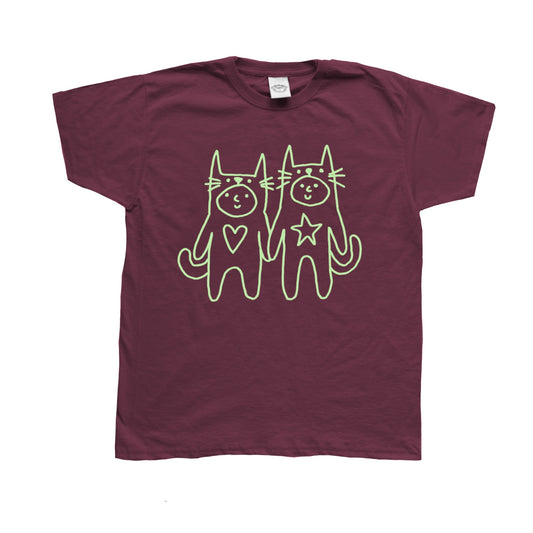 Two critters in love light green on burgundy Tee