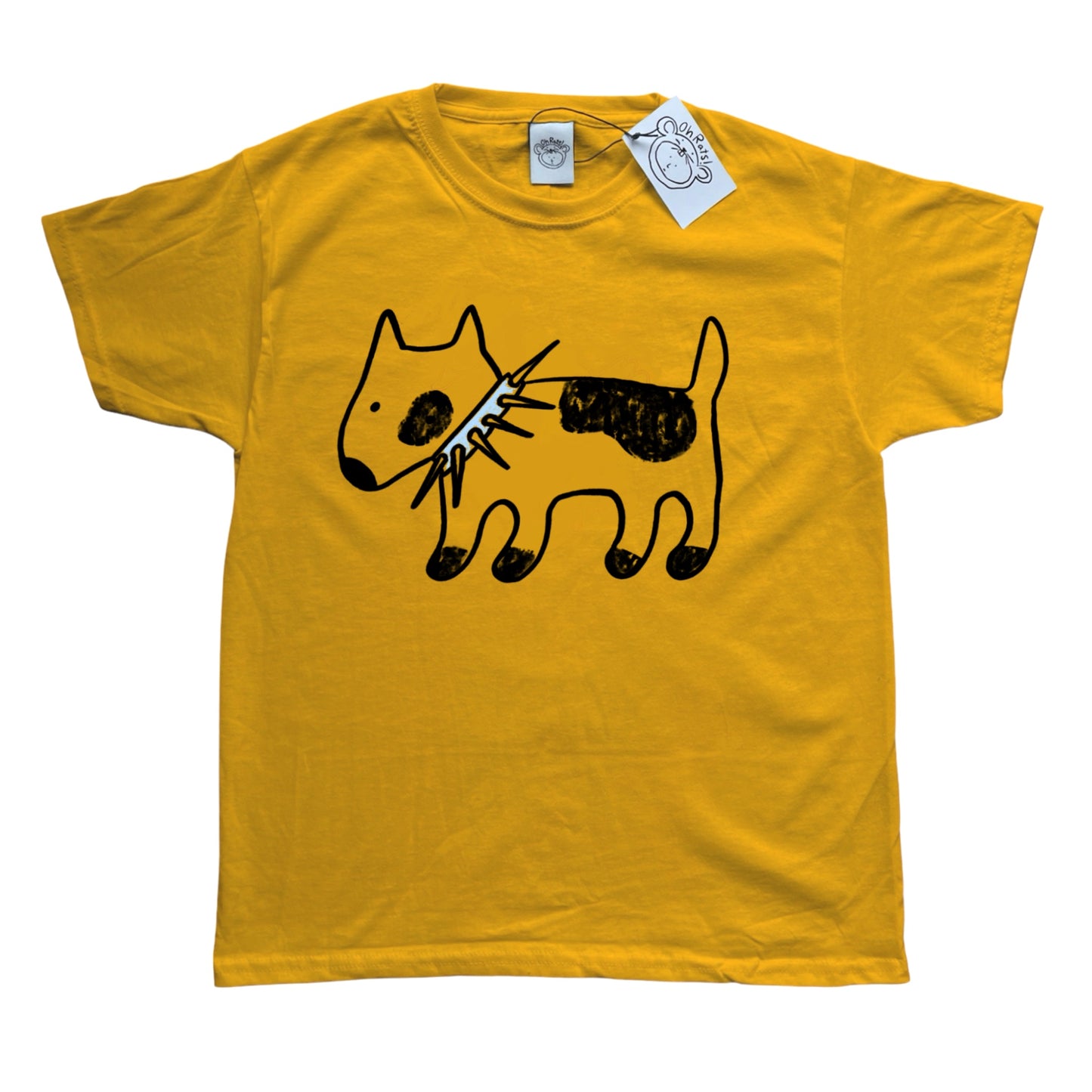 Spiky collar dog on yellow tee