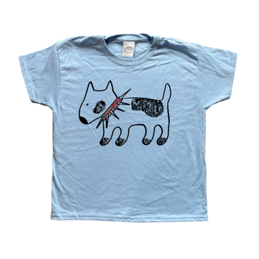 Spiky red collar dog black on baby blue Tee