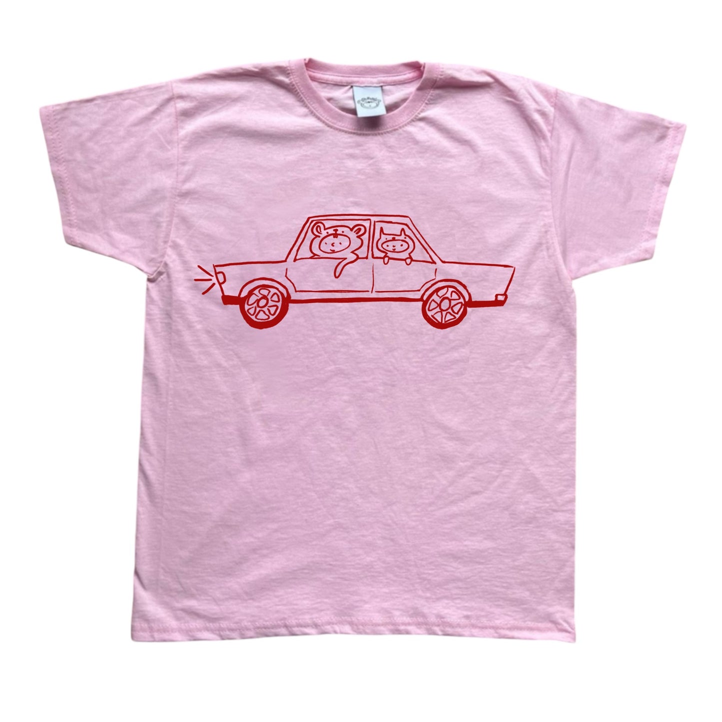 Red on pink critter road trip tee