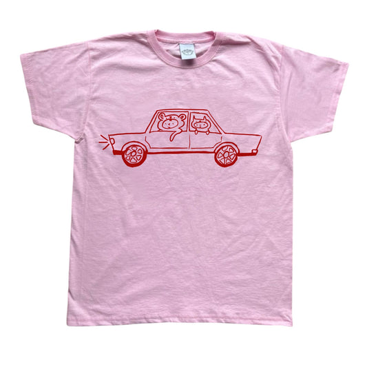 Red on pink critter road trip tee