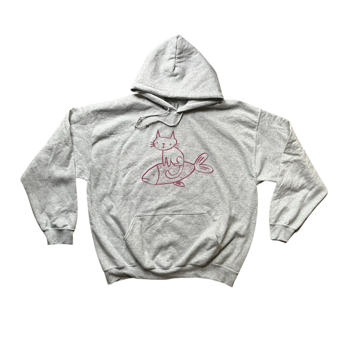 Cat on a fish grey hoodie