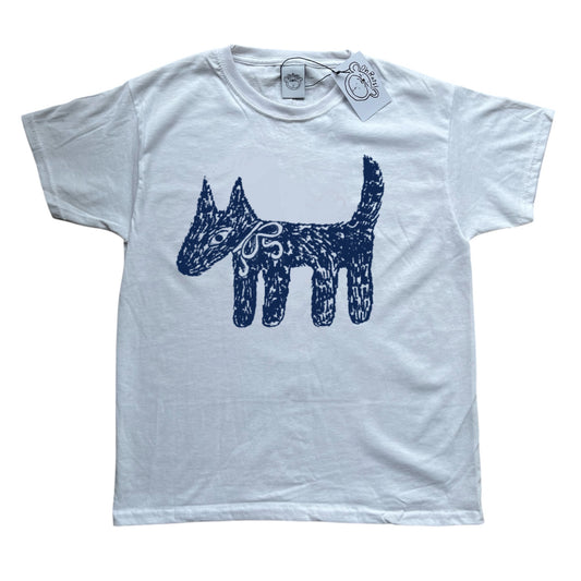 Scruffy bow dog navy on white tee