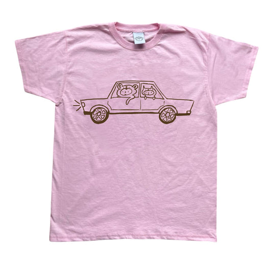 Brown on pink critter road trip tee