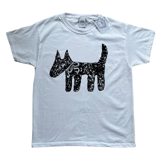 Scruffy bow dog black on white tee