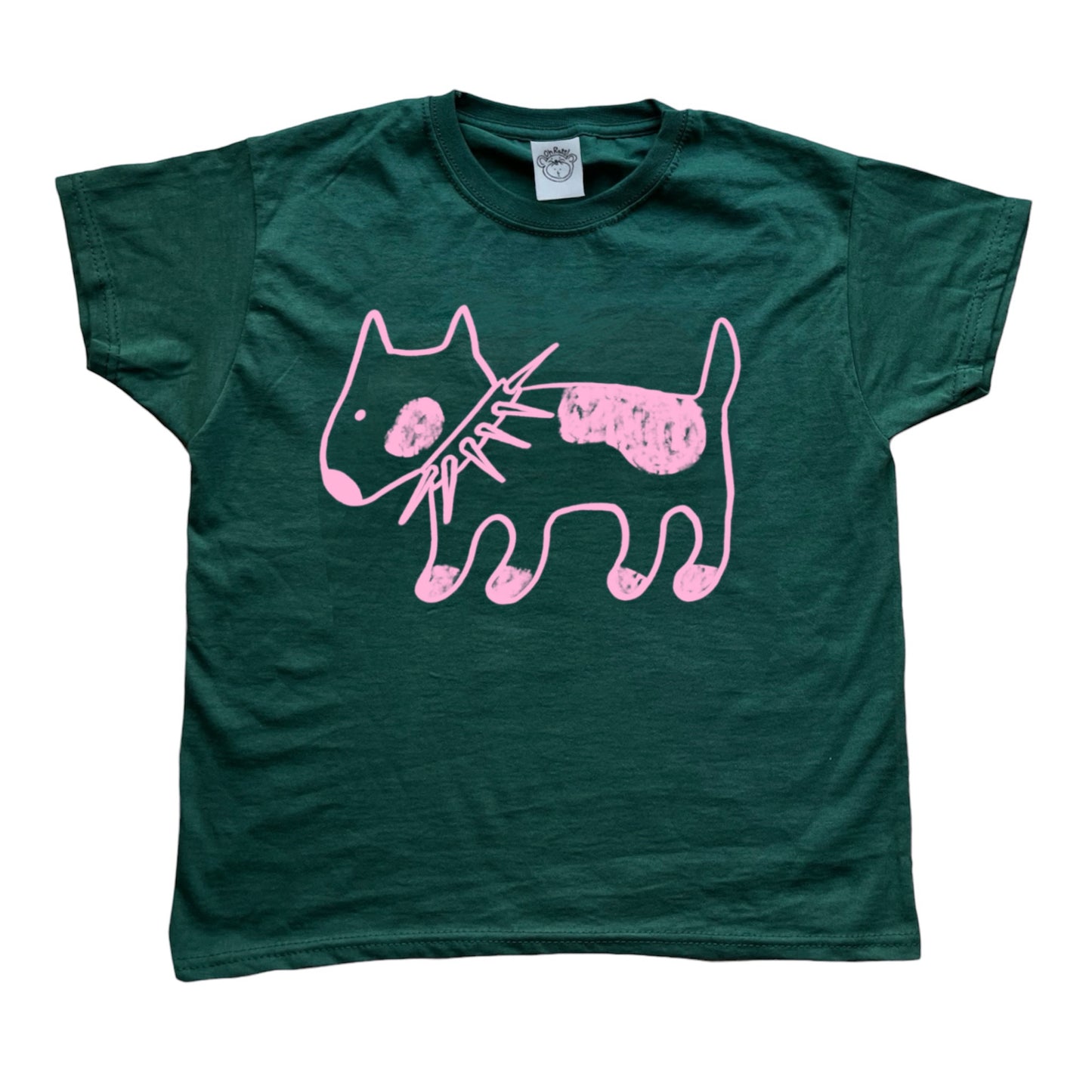 Spiky collar dog on forest green tee