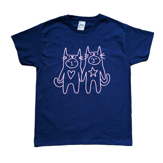 Two critters in love pink on navy Tee