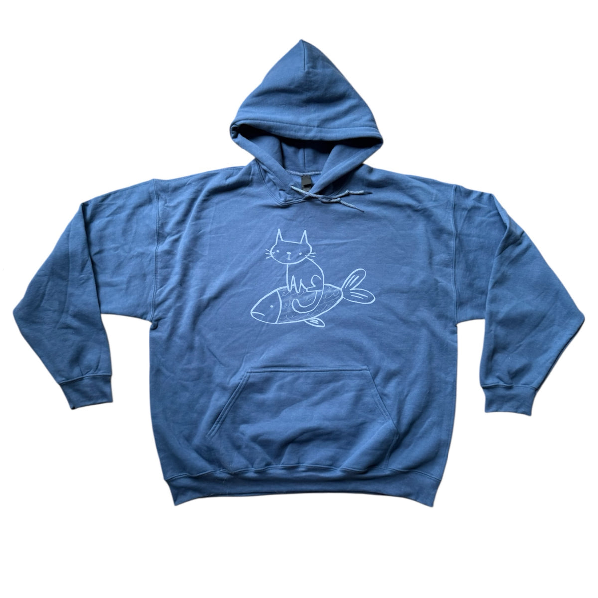 Cat on a fish indigo hoodie