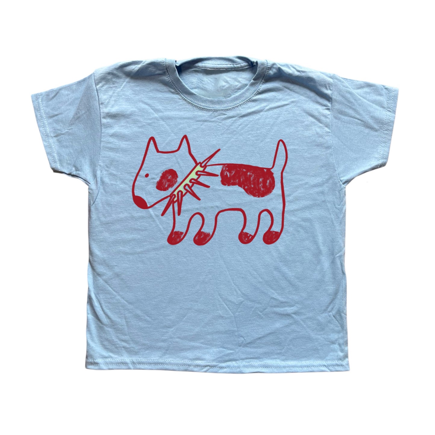 Spiky collar red dog on baby blue tee