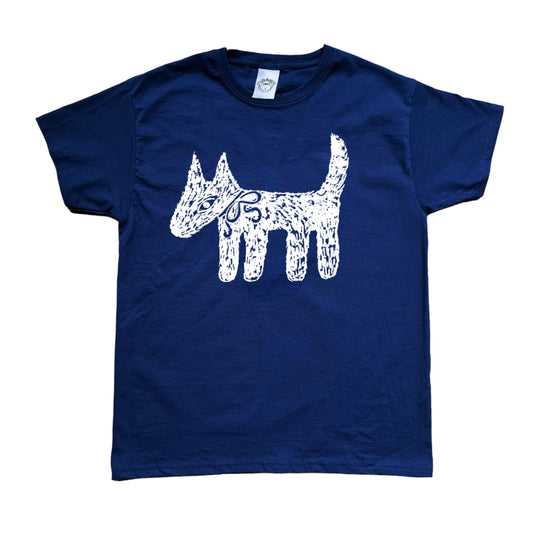 Scruffy bow dog white on navy tee