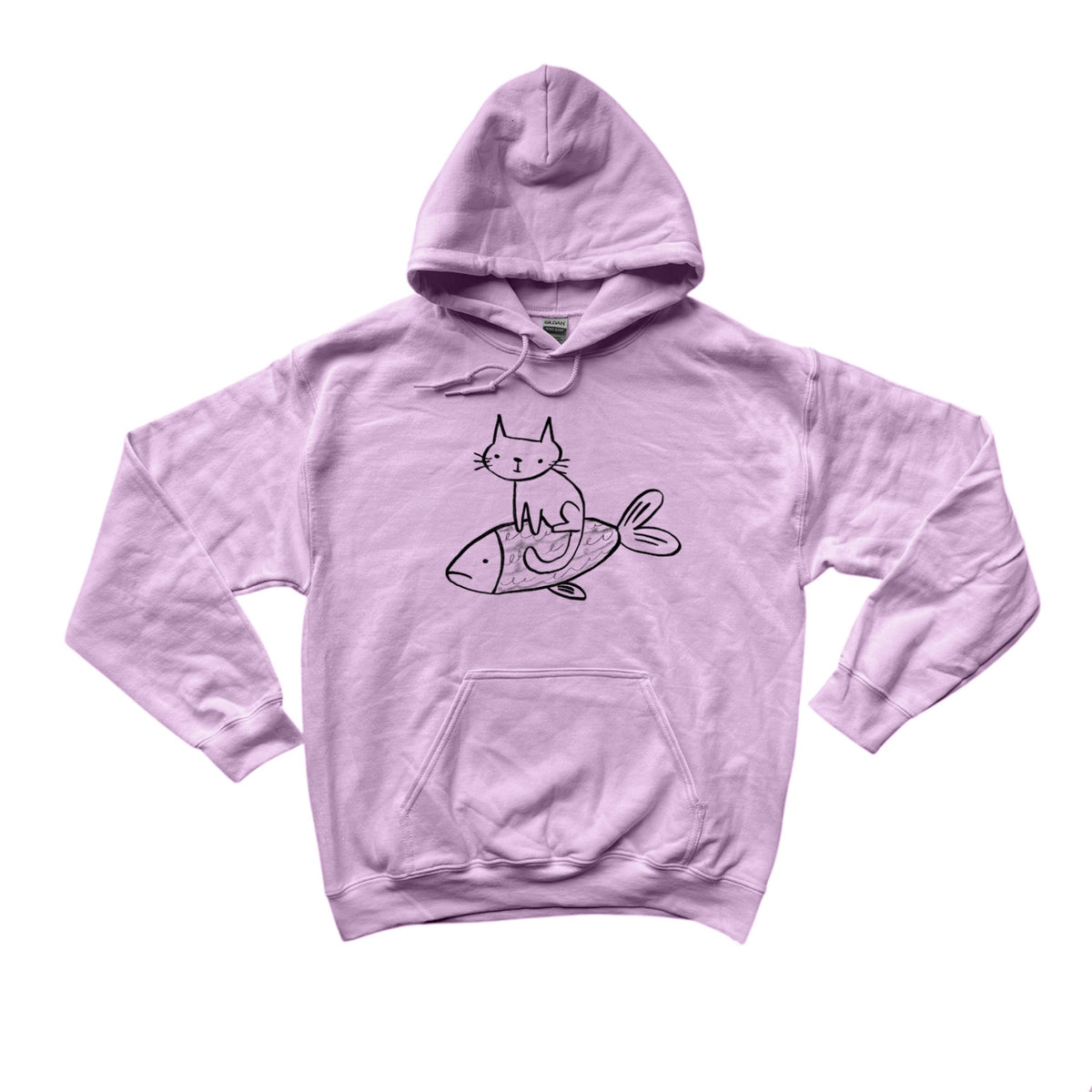 Cat on a fish pink hoodie