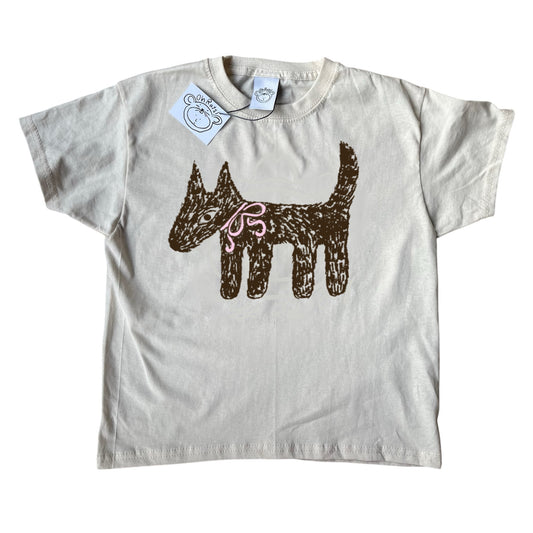 Scruffy pink bow dog brown on beige tee