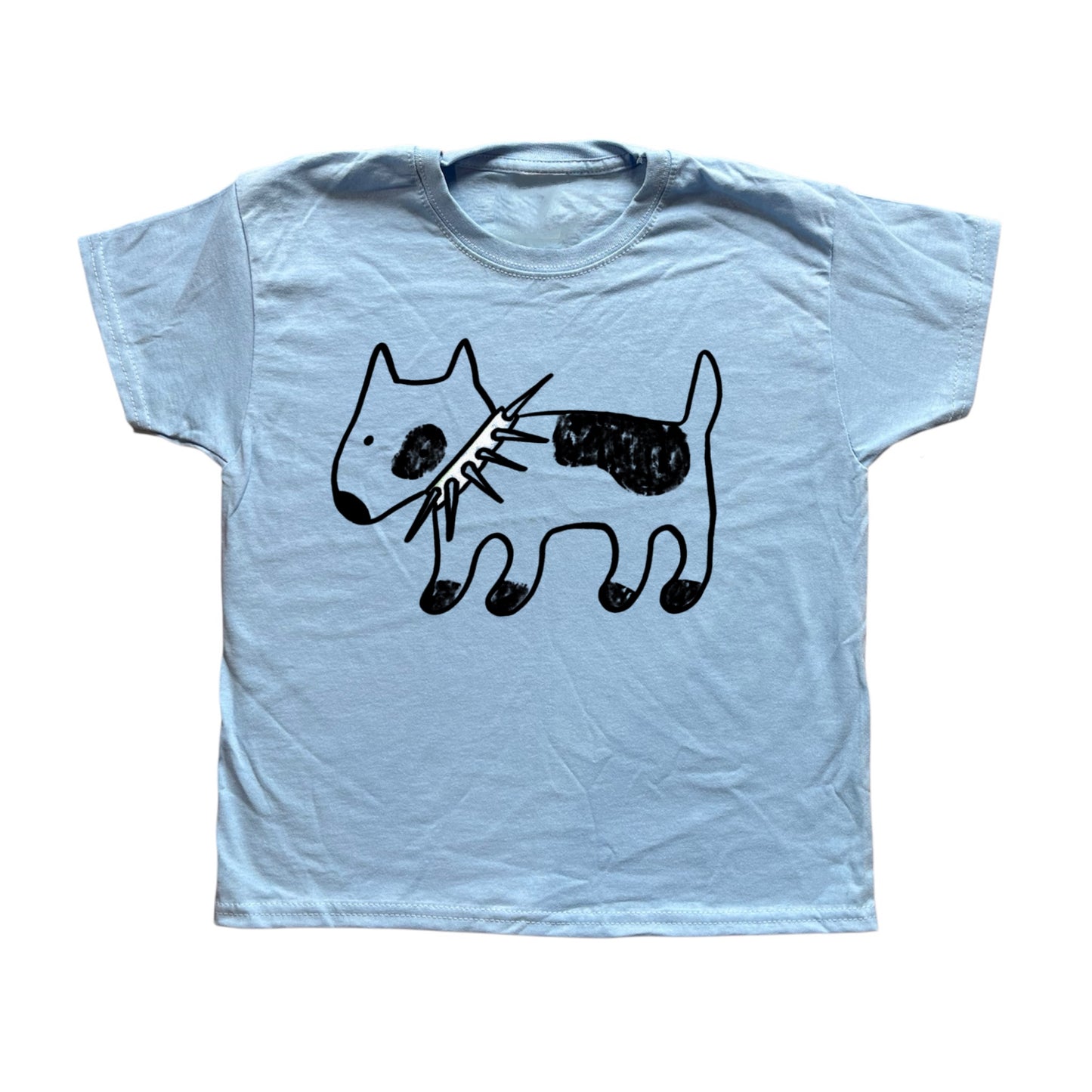 Spiky collar black dog on baby blue tee