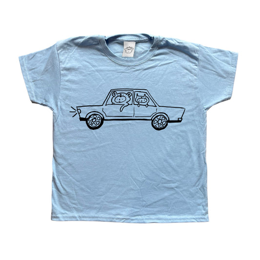 Black on baby blue critter road trip tee