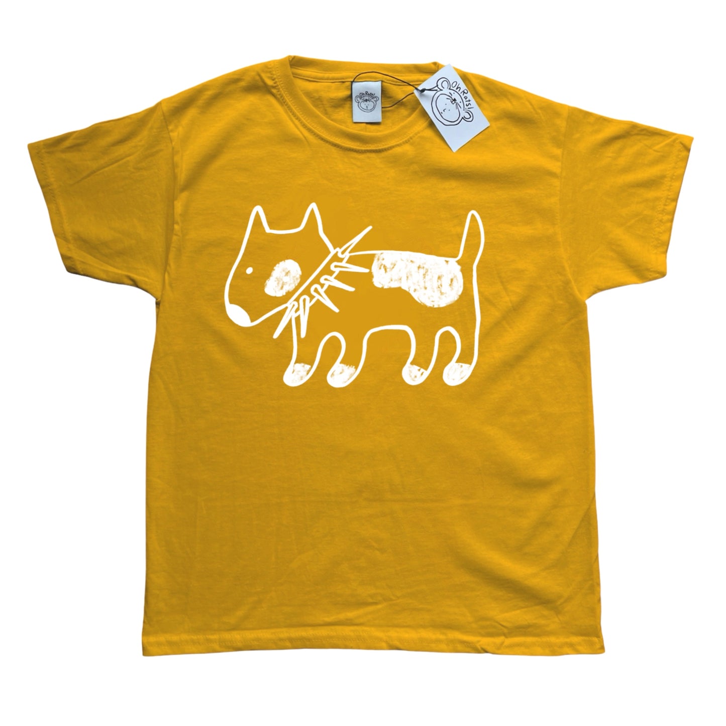 Spiky collar dog on yellow tee