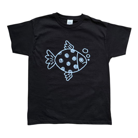 Polka dot fishy light blue on black Tee
