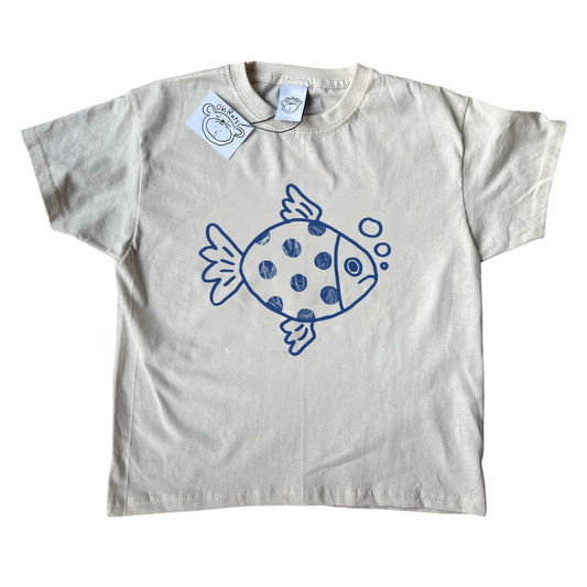 Polka dot fishy navy on beige Tee