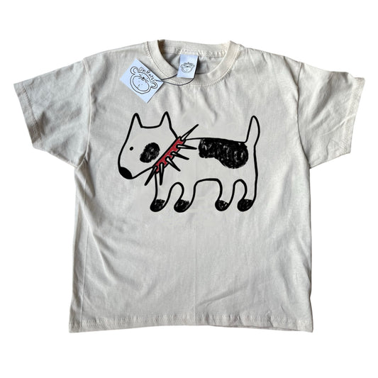 Spiky collar black dog on beige tee