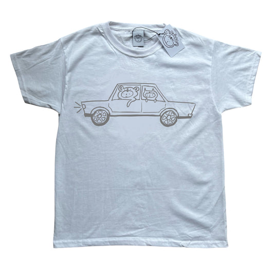 Grey on white critter road trip tee
