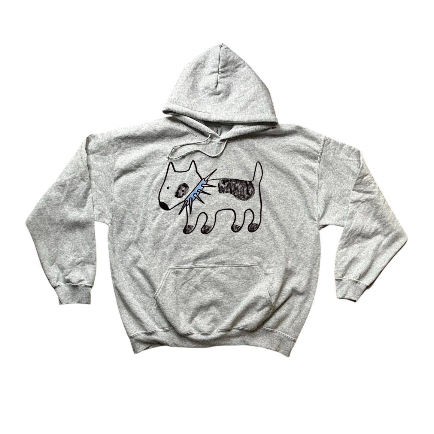 Spiky green collar dog black on grey hoodie