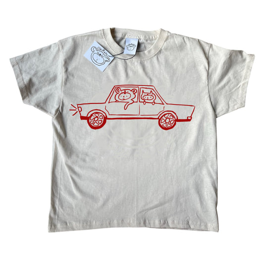 Red on beige critter road trip tee