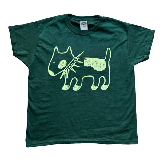 Spiky collar dog on forest green tee