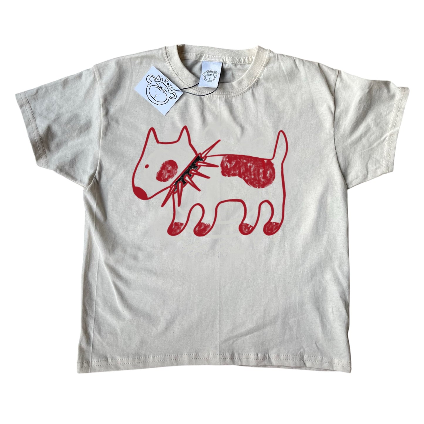 Spiky collar red dog on beige tee