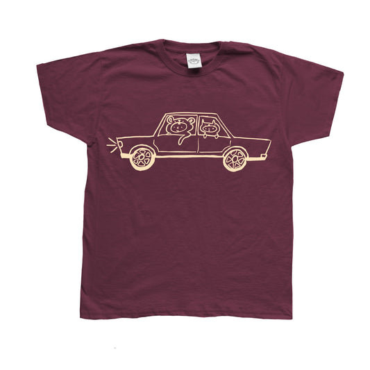 Beige on burgundy critter road trip tee