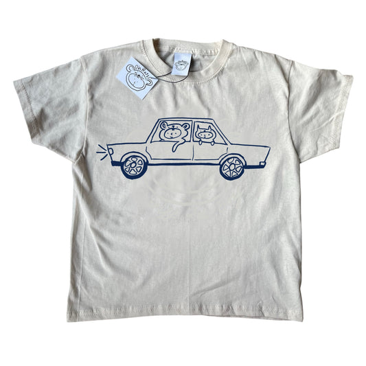 Navy on beige critter road trip tee