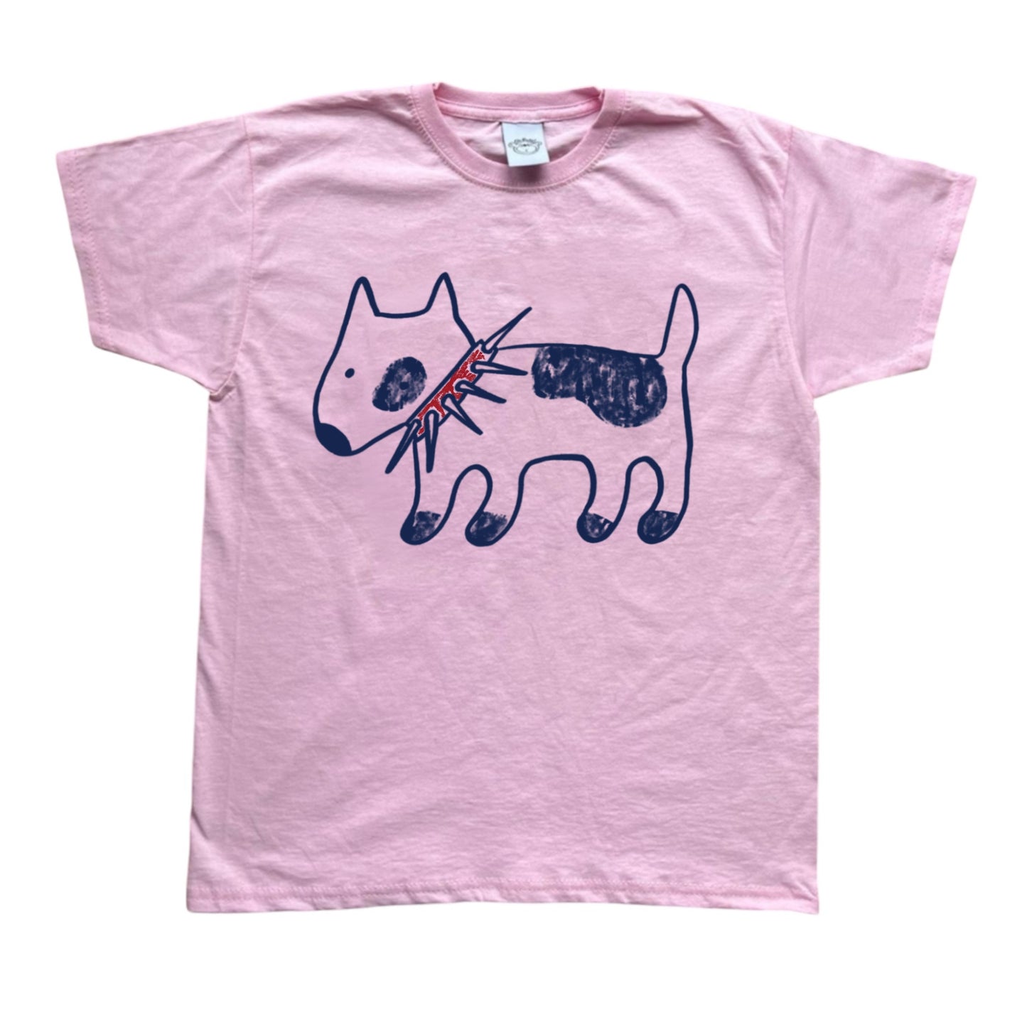 Spiky collar navy dog on pink tee