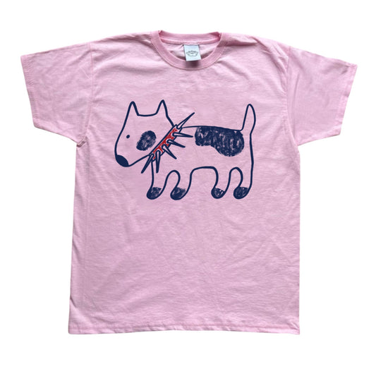 Spiky collar navy dog on pink tee