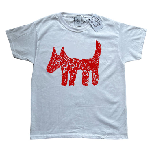 Scruffy bow dog red on white tee