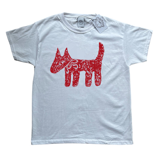Scruffy bow dog white tee