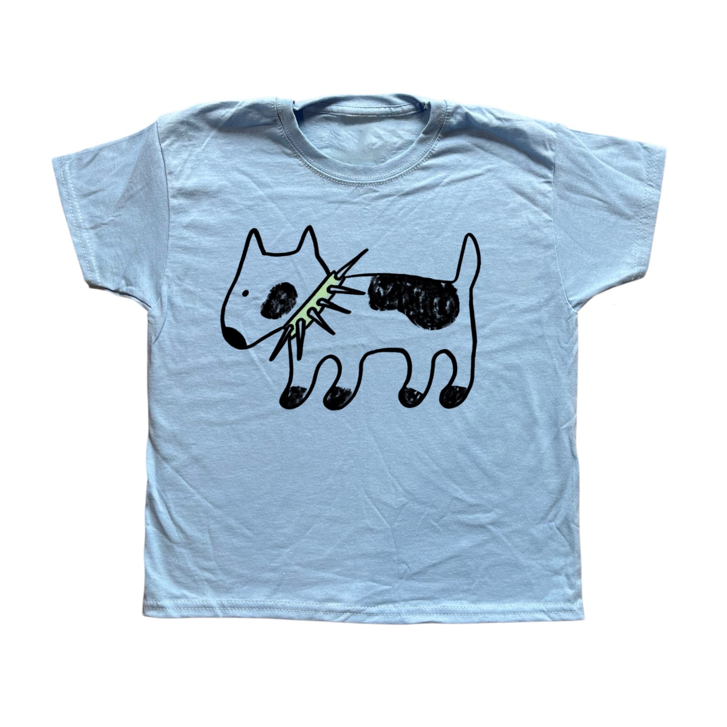 Spiky collar black dog on baby blue tee