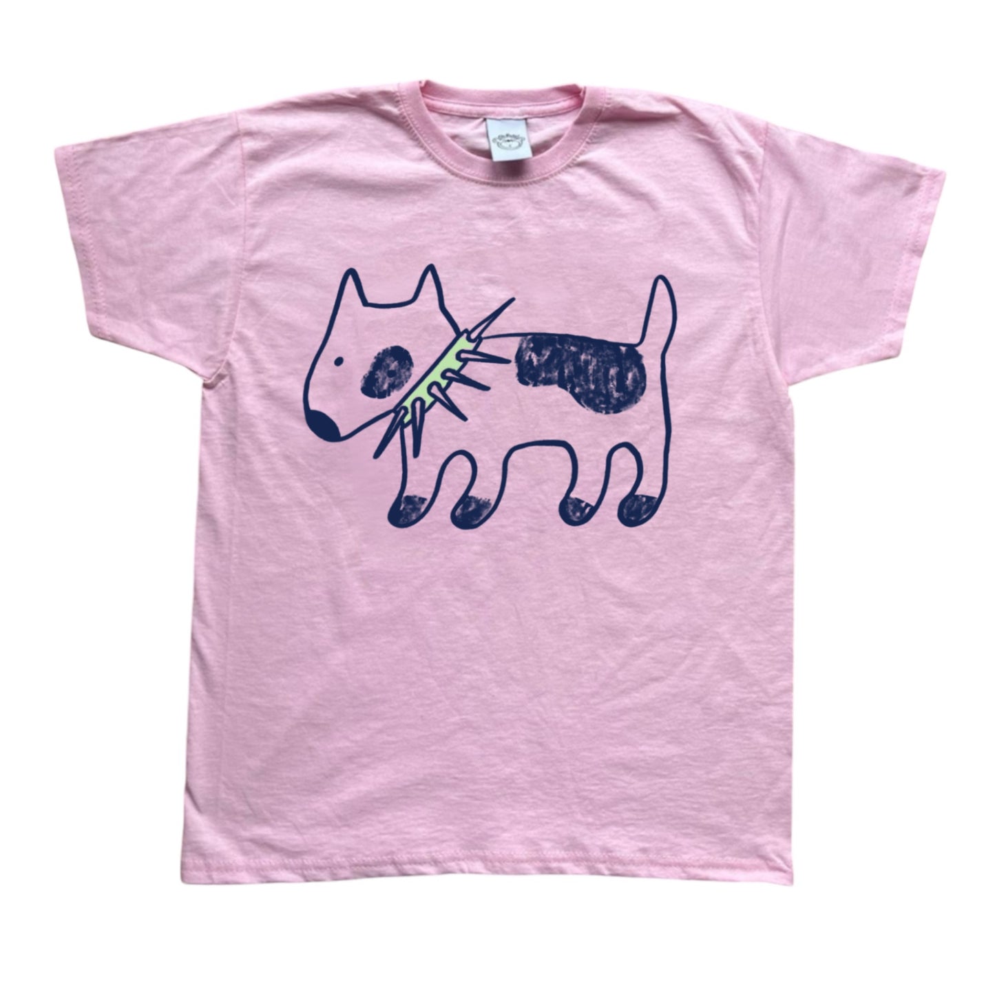 Spiky collar navy dog on pink tee