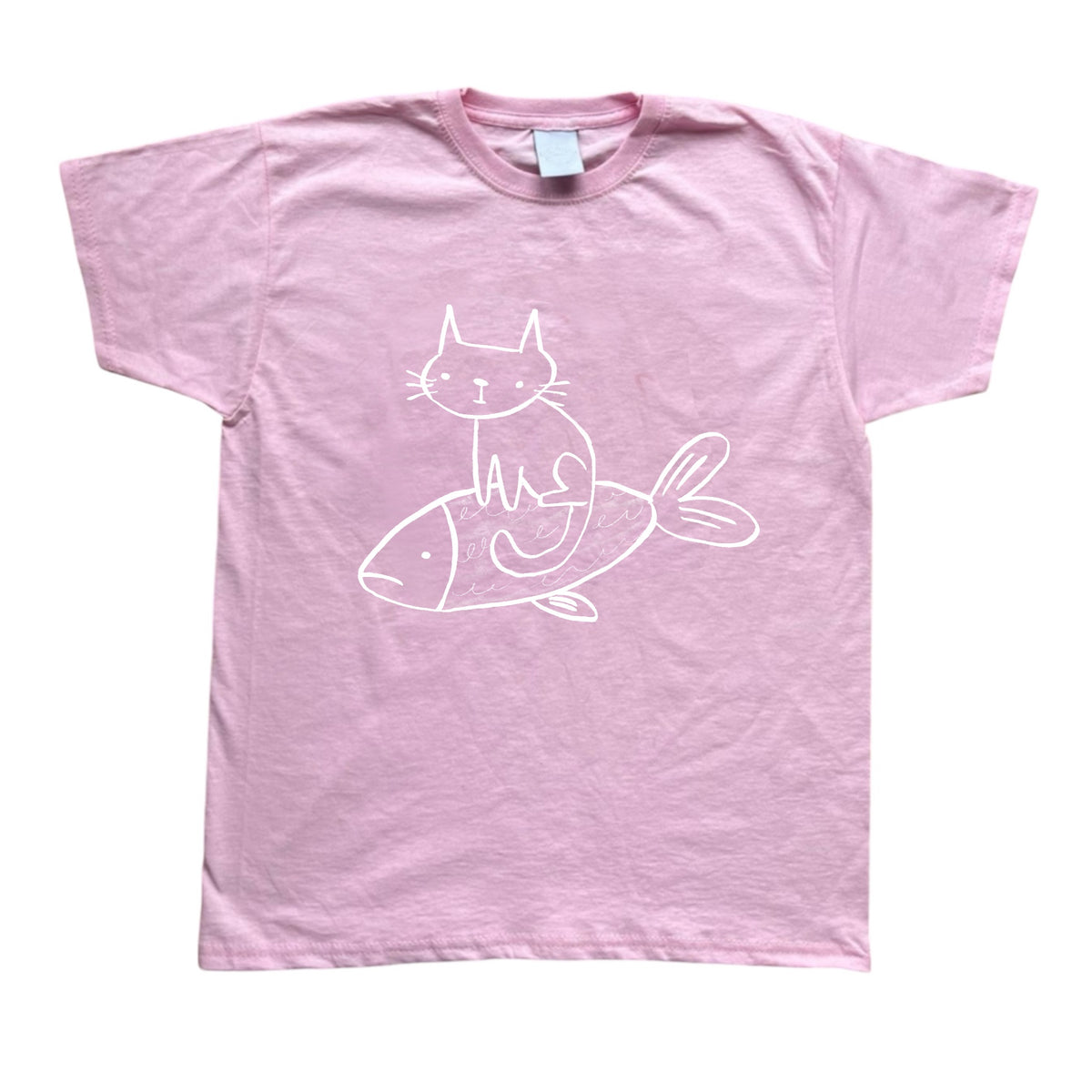Cat on a fish pink baby tee