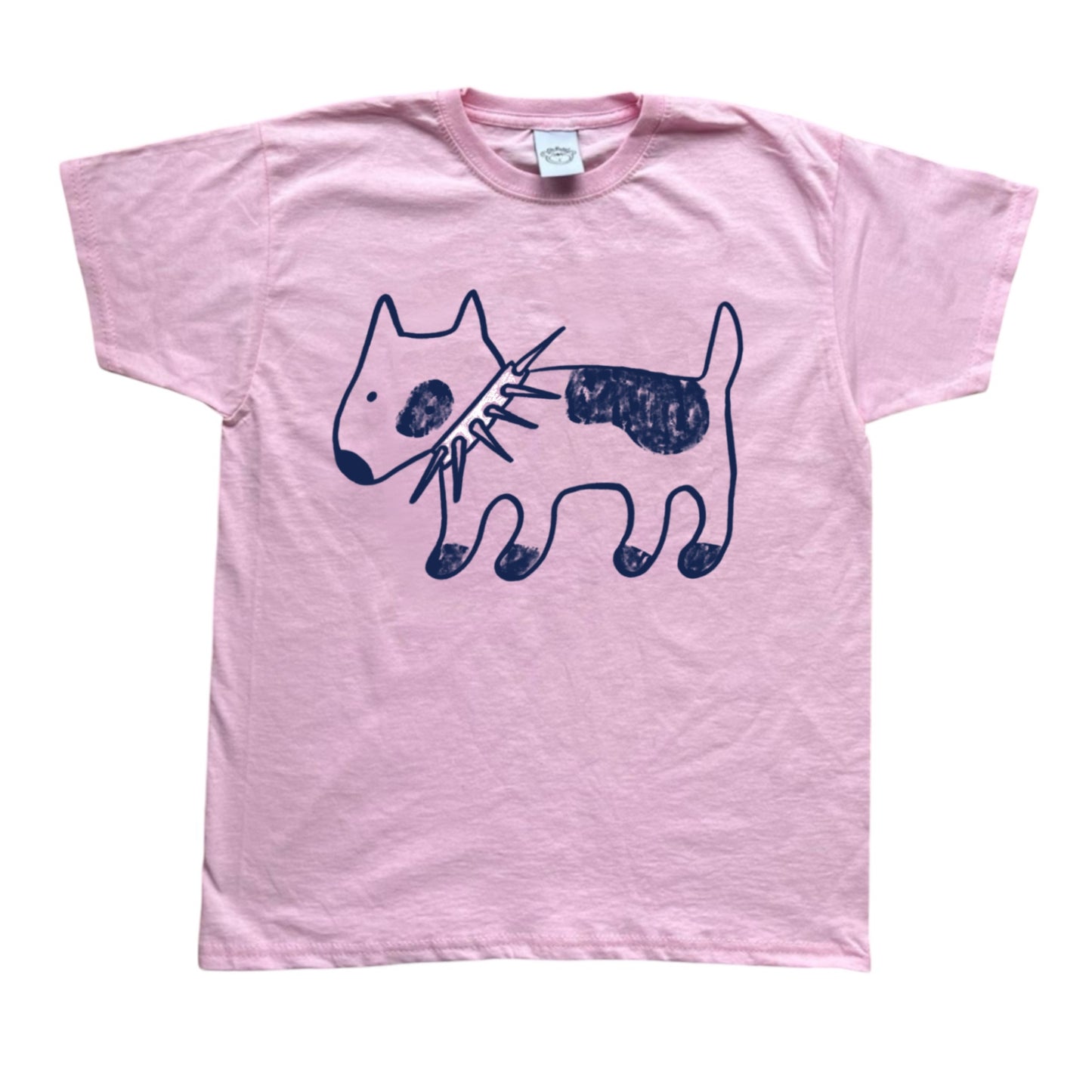 Spiky collar navy dog on pink tee