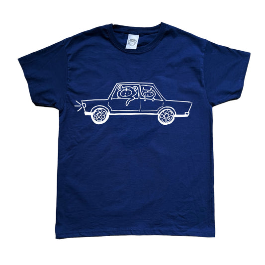 White on navy critter road trip tee
