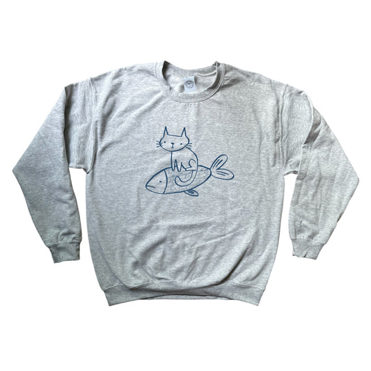 Cat on a fish grey sweatshirt