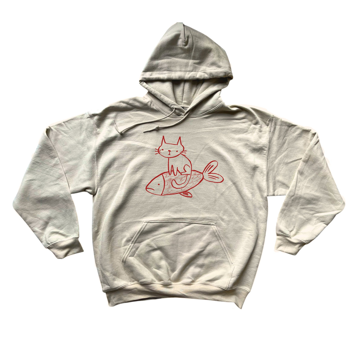 Cat on a fish beige hoodie