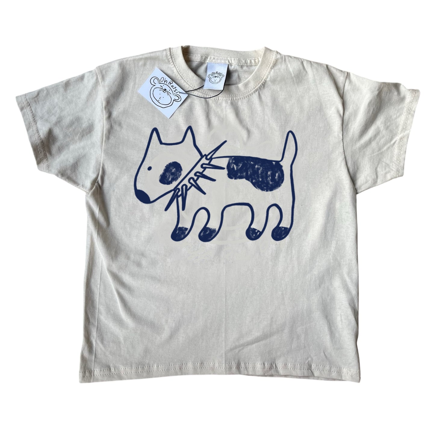 Spiky collar navy dog on beige tee