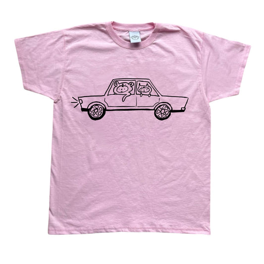 Black on pink critter road trip tee