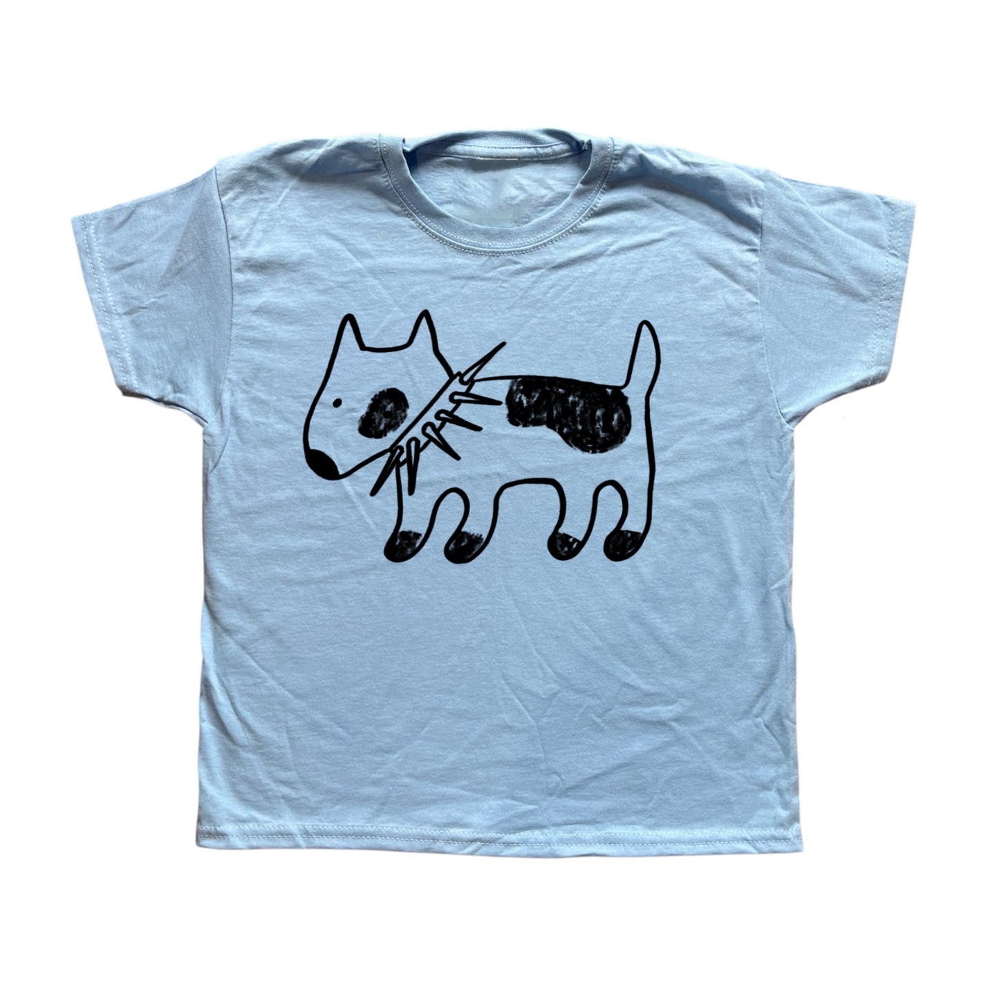 Spiky collar black dog on baby blue tee