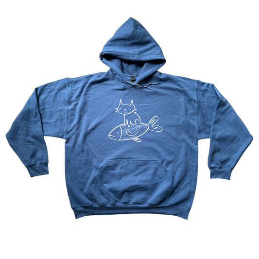 Cat on a fish indigo hoodie