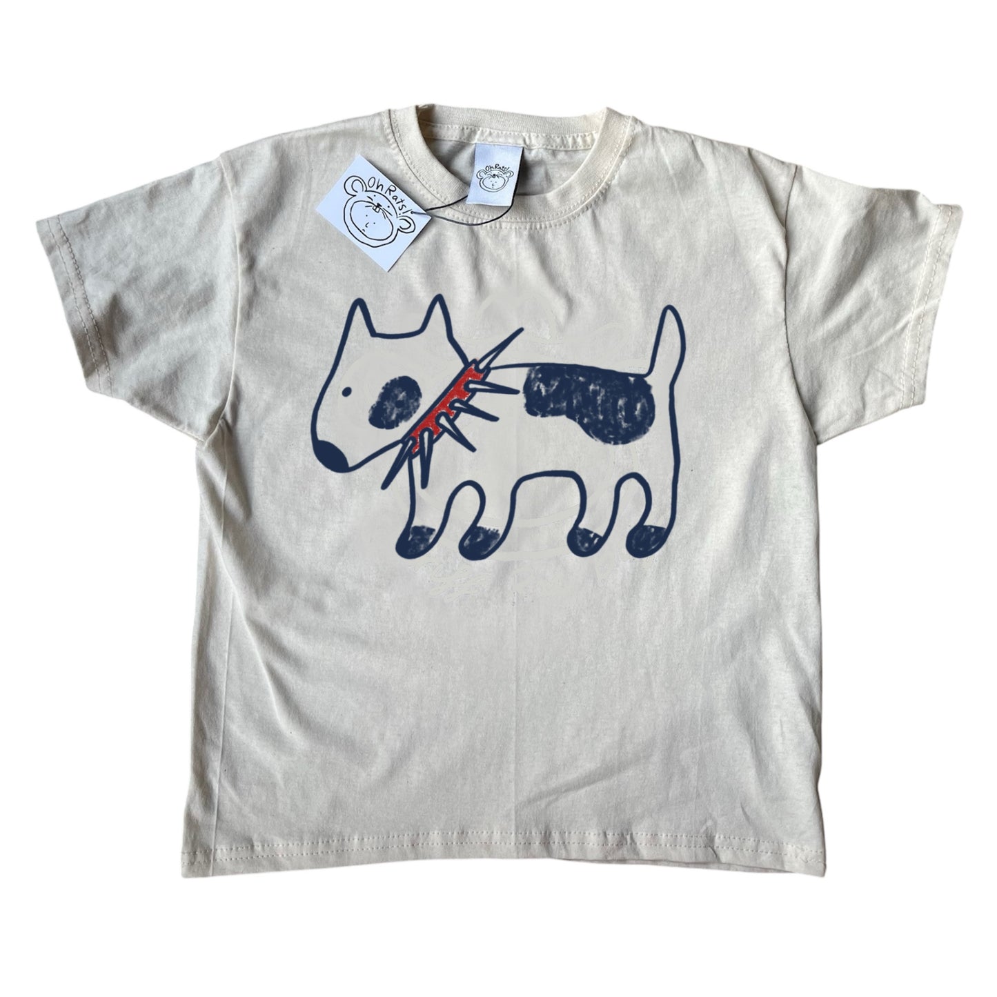Spiky collar navy dog on beige tee