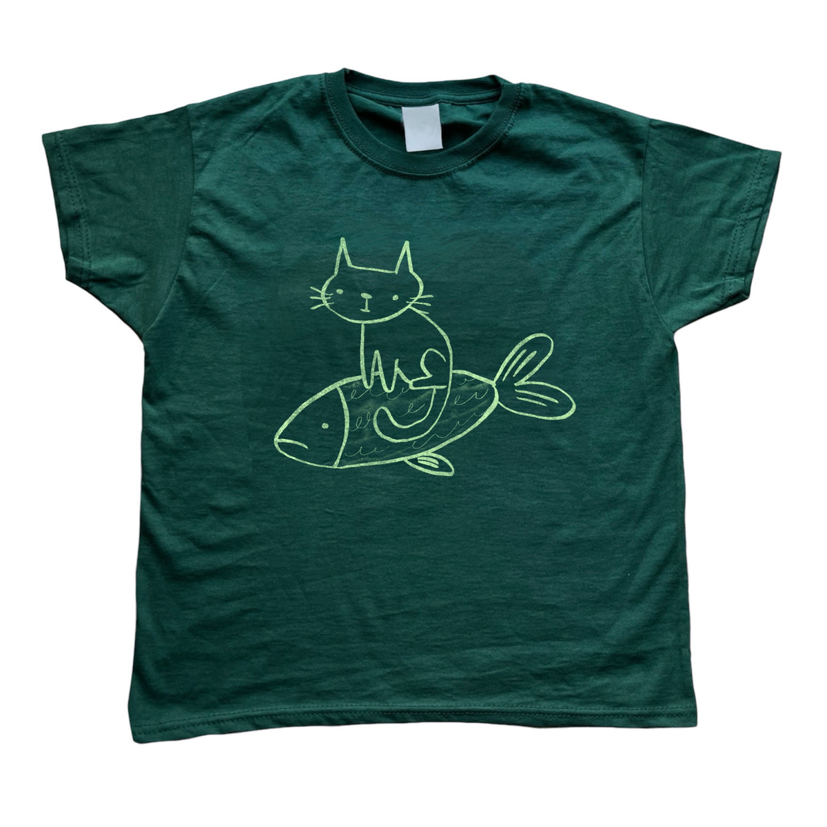 Cat on a fish forest green baby tee